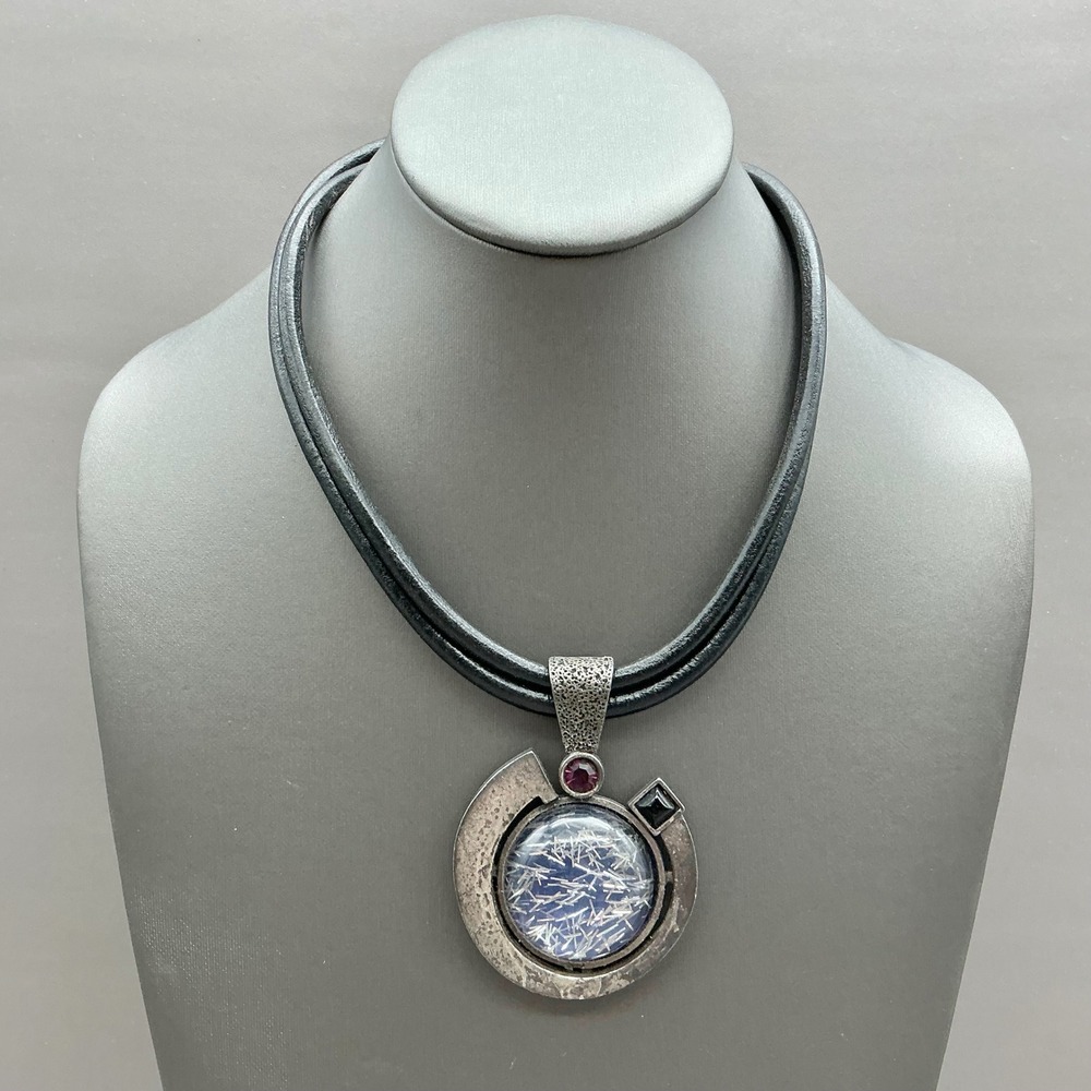 Chico's Necklace Black Double Cord Silver Tone Blue Art Glass Statement Pendant